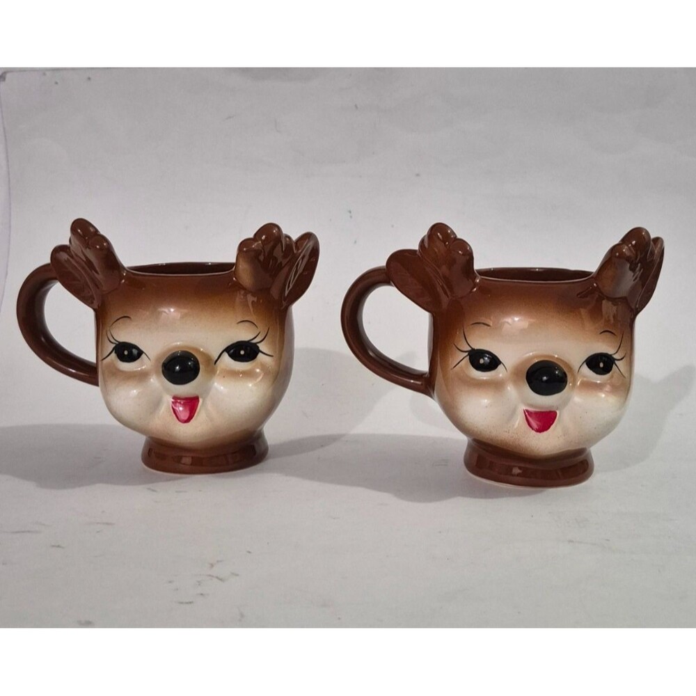Pottery Barn Christmas Holiday Cheeky Reindeer Brown Ceramic Mugs VTG